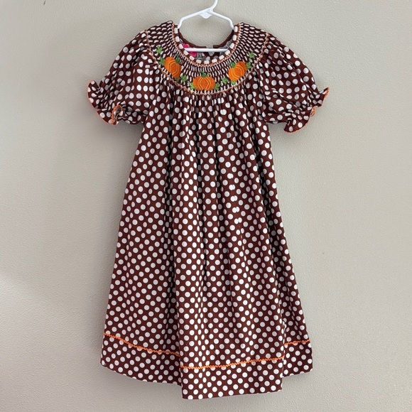 Claire & Charlie Other - Claire & Charlie Polka Dot Kids Dress with Smocking  And Pumpkin Accents Size 6X